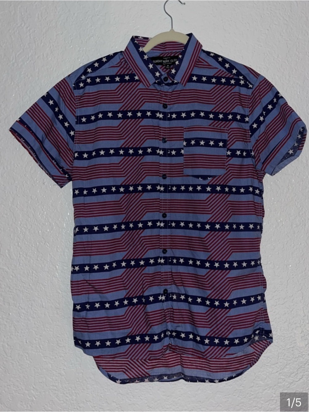 SWC Sunday Work Clothes Mens Medium Short Sleeve Shirt Casual Stars Stripes Flag